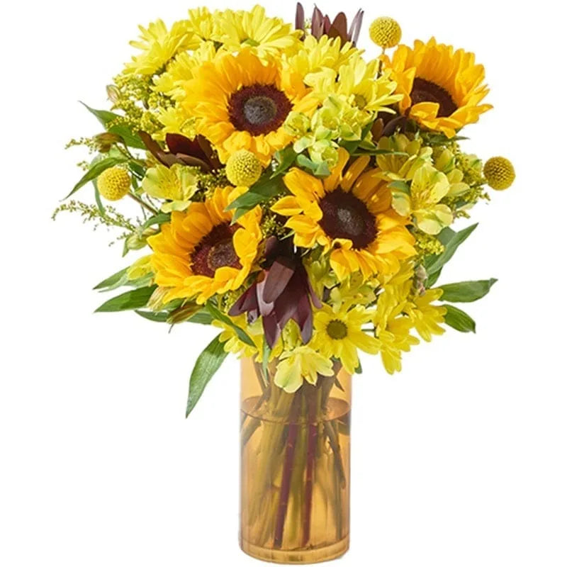 Blumenstrauß mit goldenen Sonnenblumen in Vase