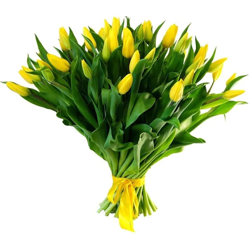 Gelber Tulpenstrauß mit grünen Blättern