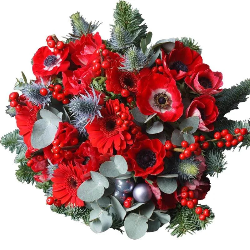 Roter Anemonen-Weihnachtsstrauß mit diversen Blumen und Eukalyptus