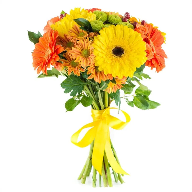 Bunter Blumenstrauß mit gelben und orangefarbenen Blüten, gelbe Schleife