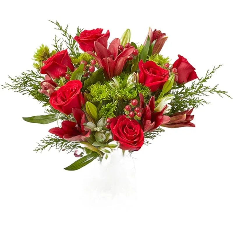 Blumenstrauß mit roten Rosen und grünen Akzenten.