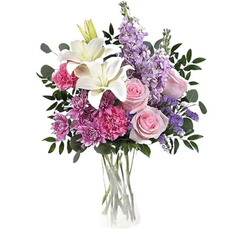 Blumenstrauß mit pastellfarbenen Blumen, Rosen und Lilien