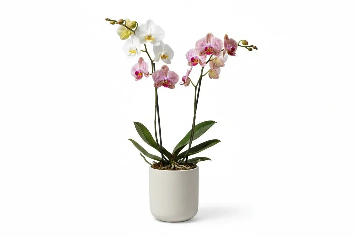 Orchidee Phalaenopsis im Topf mit Blüten in verschiedenen Farben