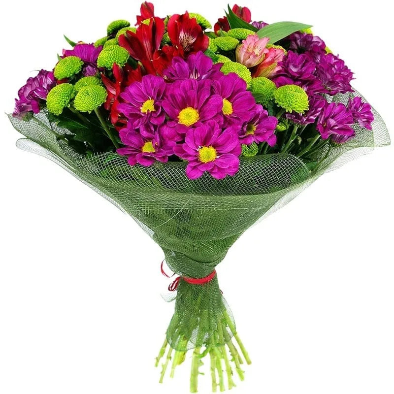 Bunter Blumenstrauß in kräftigen Fuchsia- und Grüntönen