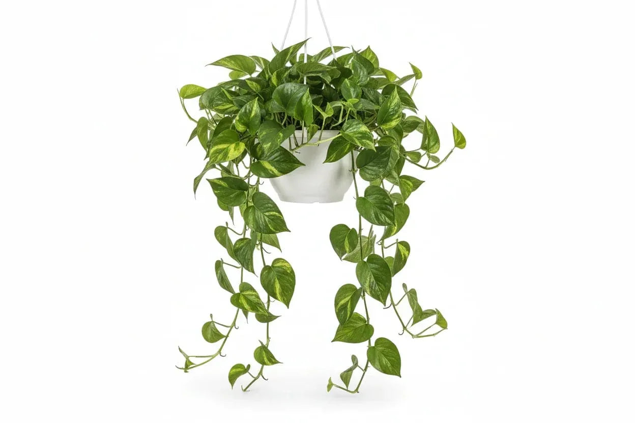 Hänge-Efeutute in einem weißen Topf mit langen, hängenden Ranken.