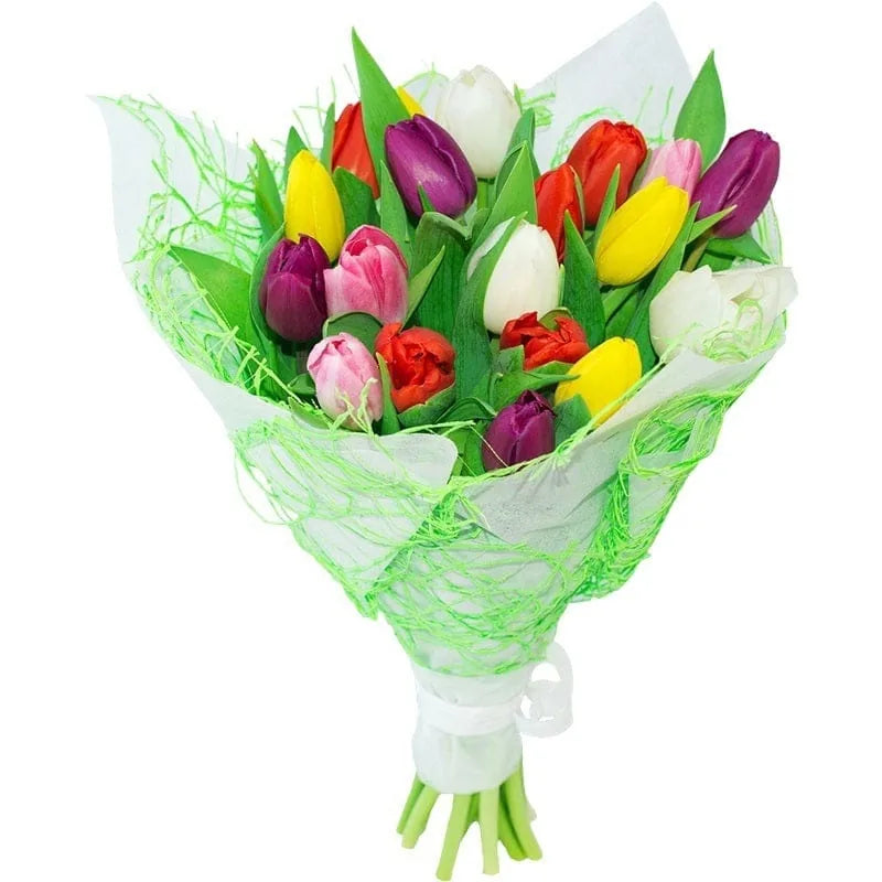 Blumenstrauß mit bunten Tulpen.