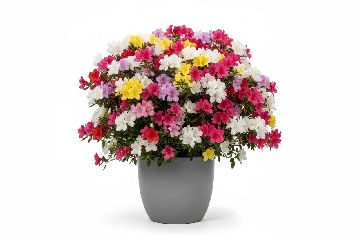 Bunte Azalee im Topf mit gemischten Blütenfarben