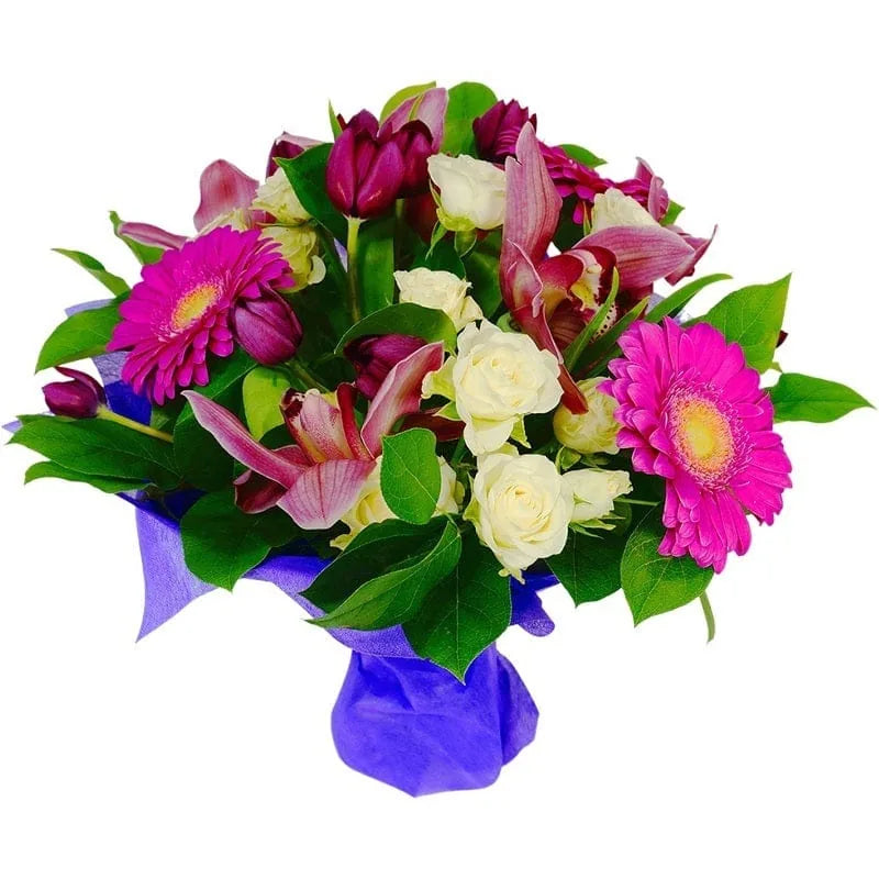 Bunter Blumenstrauß mit lila und weißen Akzenten