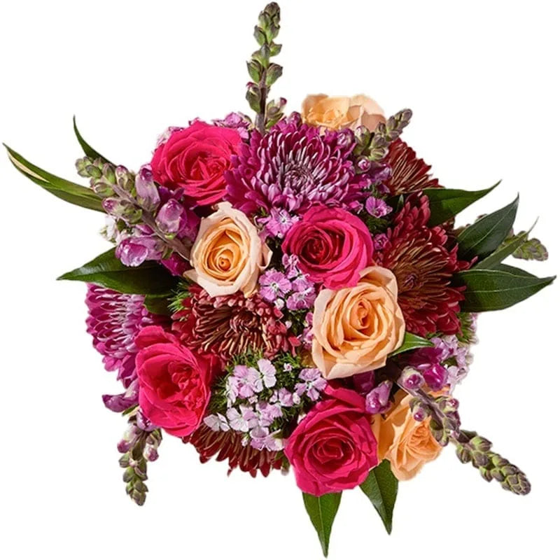 Ein bunter Blumenstrauß mit fuchsia, pfirsichfarbenen Rosen und anderen Blumen.