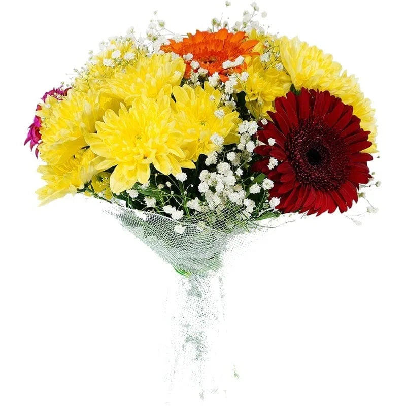 Bunter Blumenstrauß mit gelben, roten und orangefarbenen Blüten