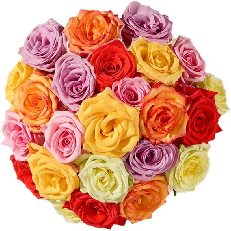 Ein bunter Rosenstrauß mit verschiedenen Farben wie Rot, Gelb, Lila und Rosa.