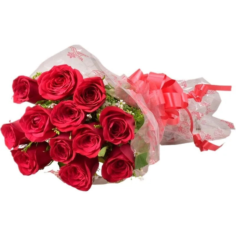 Bouquet aus roten Rosen mit Schleife und Folie