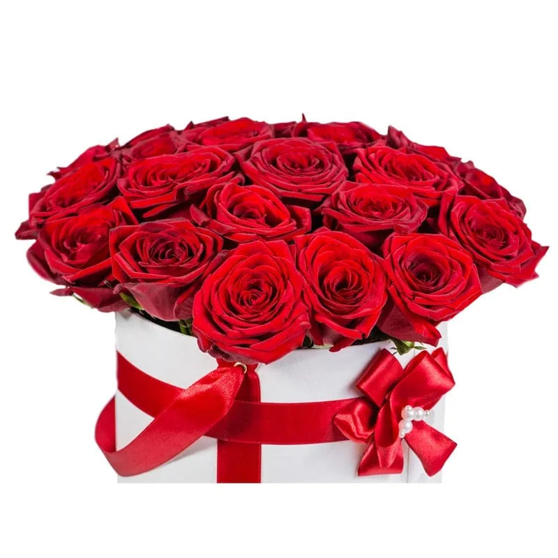 Rote Rosen in einer dekorativen Geschenkbox mit Schleife