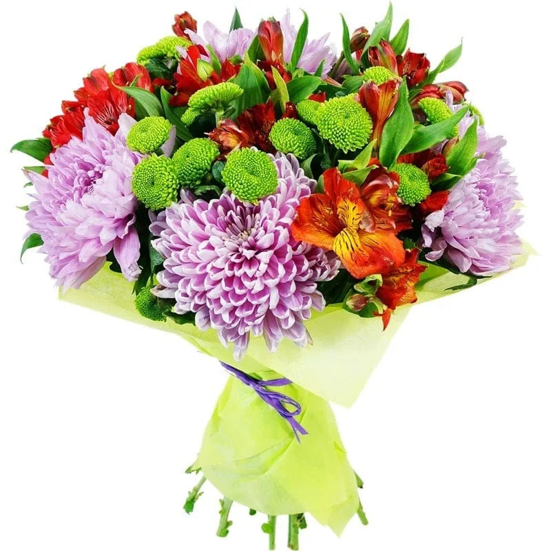 Bunter Blumenstrauß mit lila, roten und grünen Blumen