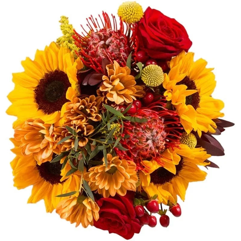 Bunter Herbststrauß mit Sonnenblumen, Rosen und weiteren Blumen