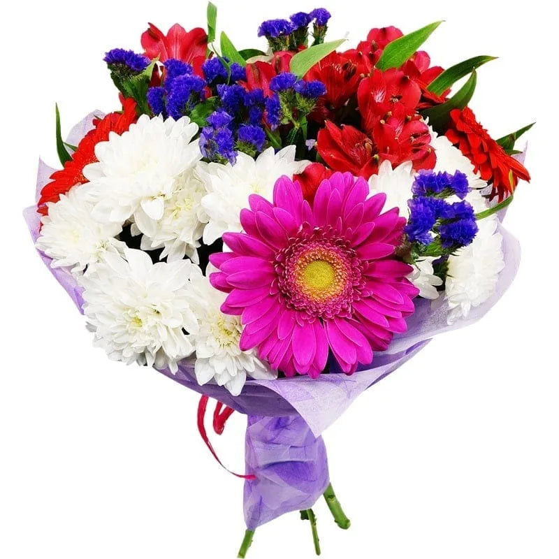 Bunter Blumenstrauß mit roten, weißen und violetten Blüten.