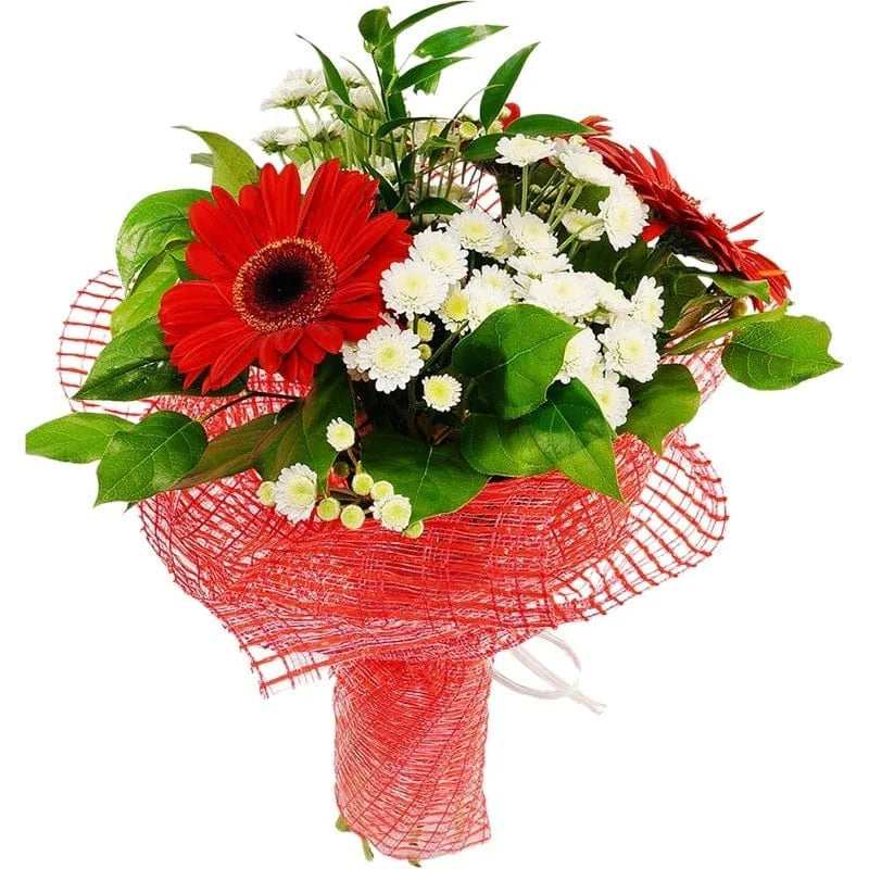 Bouquet mit roten Gerbera und weißen Blumen in roter Verpackung