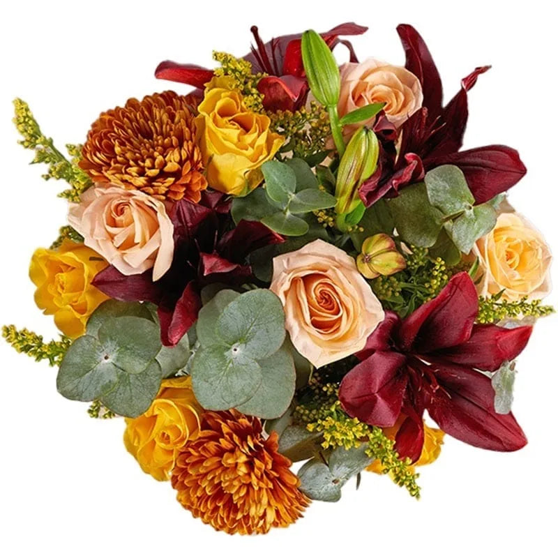 Bunter Blumenstrauß mit Rosen, Chrysanthemen und Lilien.