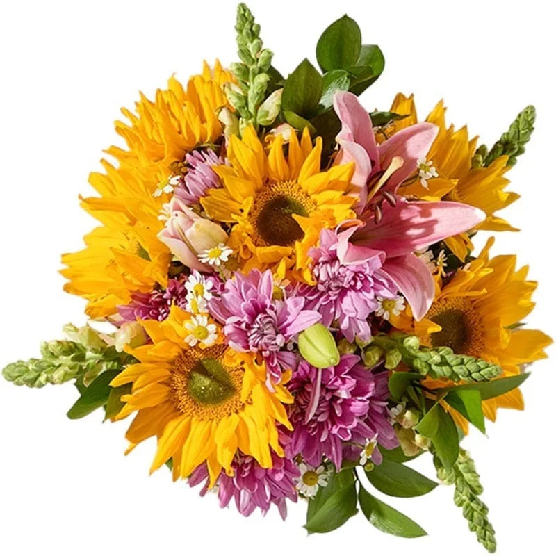 Bunter Blumenstrauß mit Sonnenblumen, Lilien und anderen Blüten