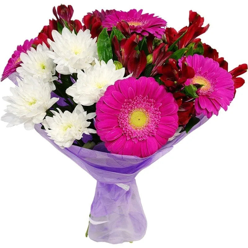 Bunter Blumenstrauß mit weißen, roten und pinken Blumen in lila Verpackung