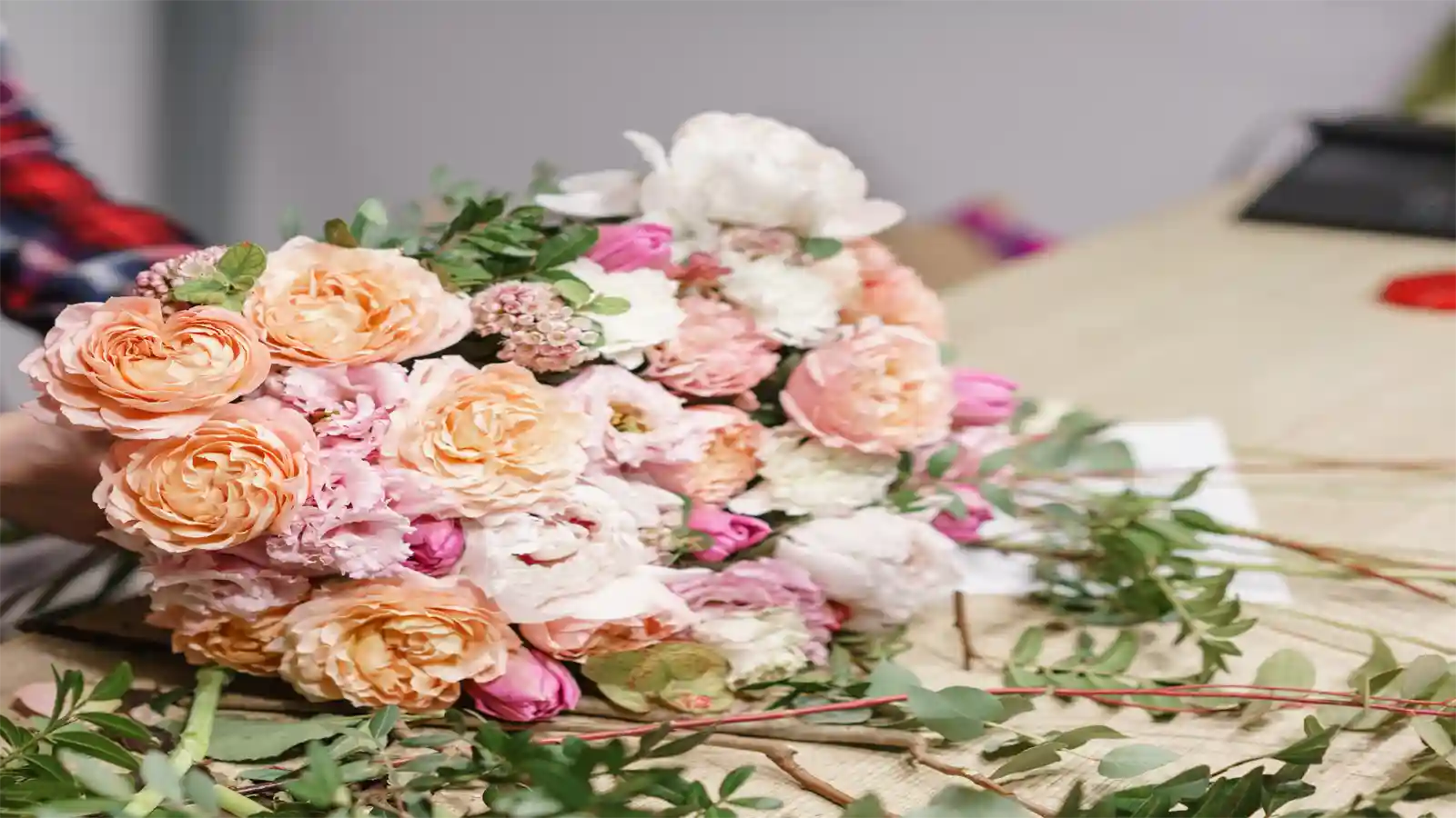 Bouquet of flowers on a table with a blurred background