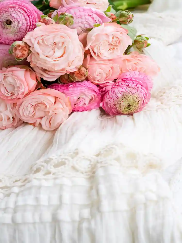 Bouquet of pink flowers on a white textured surface