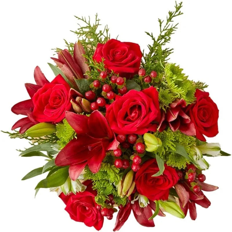 Blumenstrauß mit roten Rosen, Lilien und grünen Akzenten