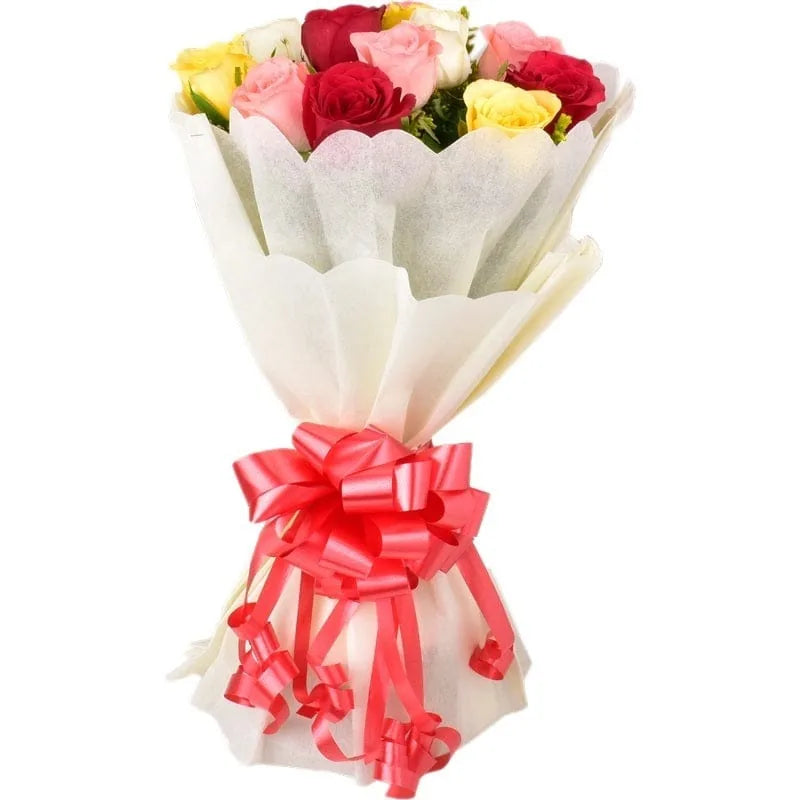 Blumenstrauß mit bunten Rosen und roten Schleifen