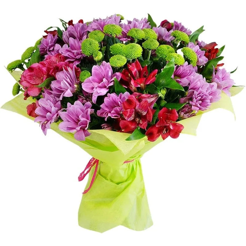 Bunter Blumenstrauß mit violetten und roten Blüten und grünem Beiwerk.