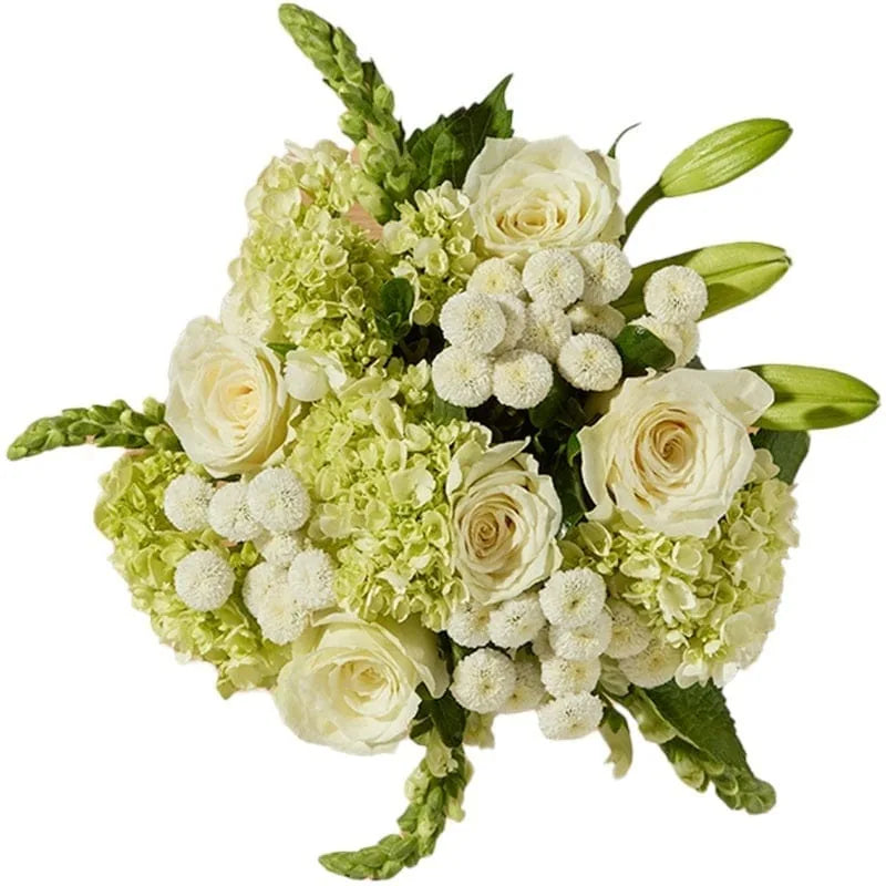 Weiß-grüner Blumenstrauß mit Rosen und verschiedenen Blüten