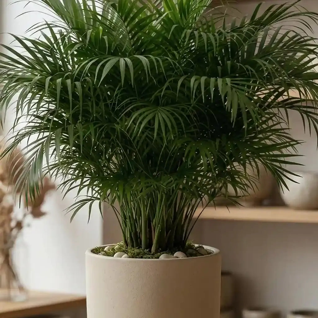Üppige grüne Bergpalme von MO BLUMEN in einem beigefarbenen Topf mit Kieselsteinen und Moos.