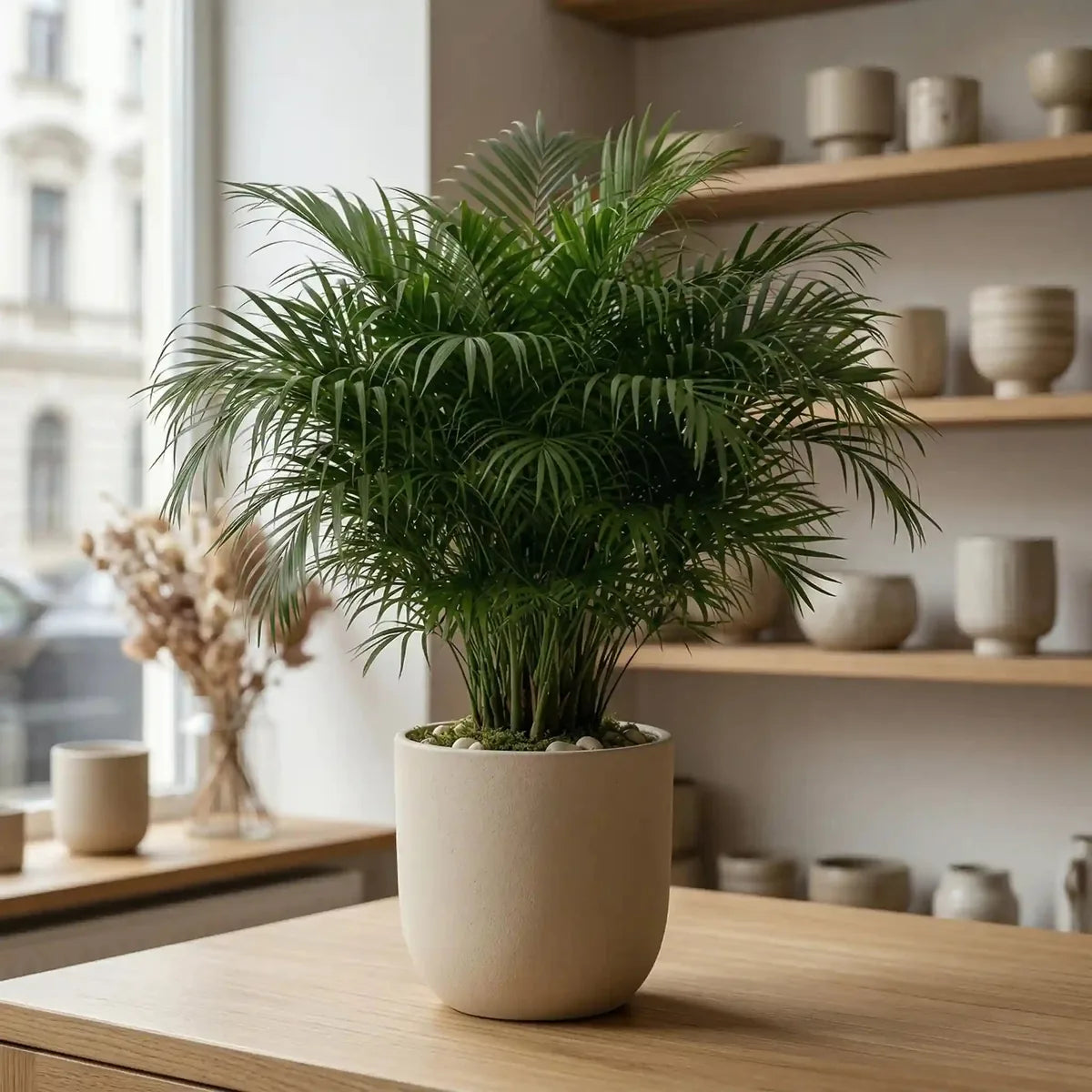 Grüne Bergpalme von MO BLUMEN in beigem Topf mit weißen Steinen, auf einem Holztisch vor einem Fenster.