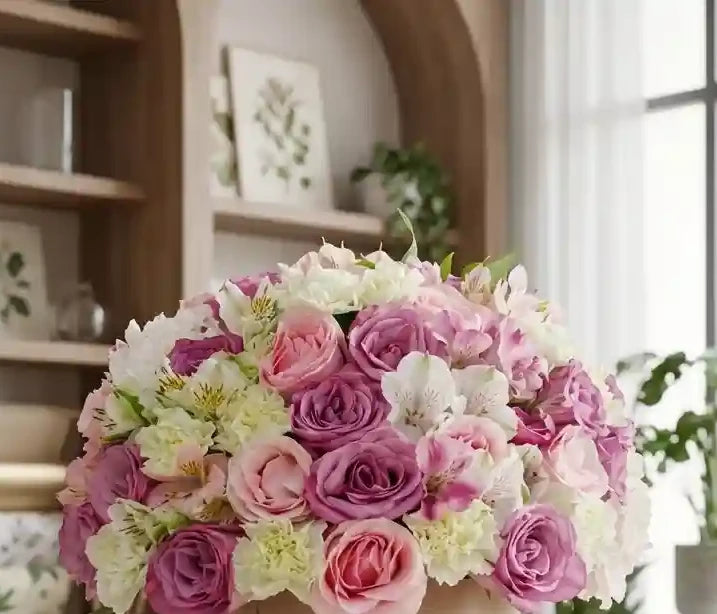 Pastell-Traum-Box Nahaufnahme – lila und rosa Rosen MO BLUMEN Wien