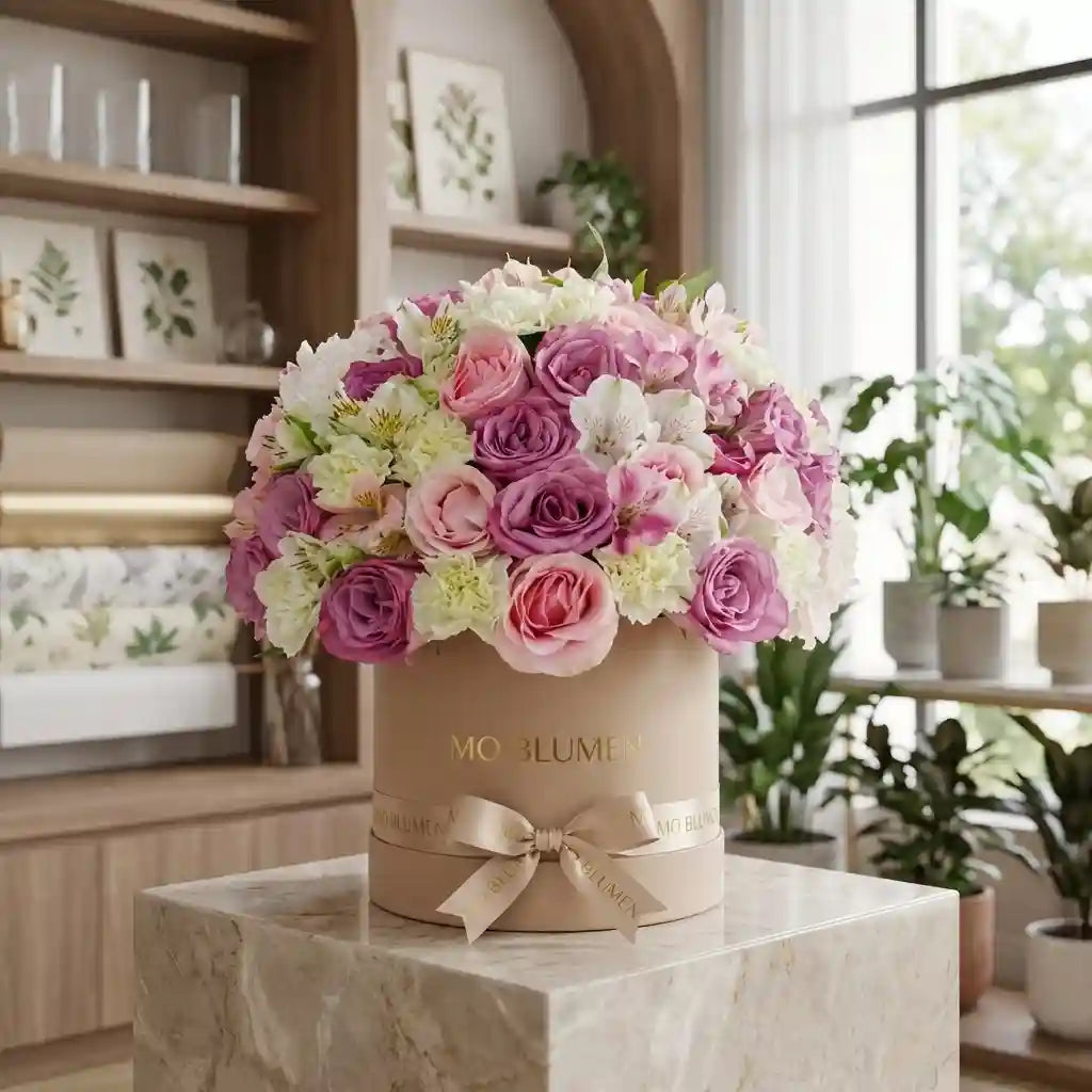 Pastell-Traum-Box mit lila und rosa Rosen, Alstroemeria in beiger Box – MO BLUMEN Wien