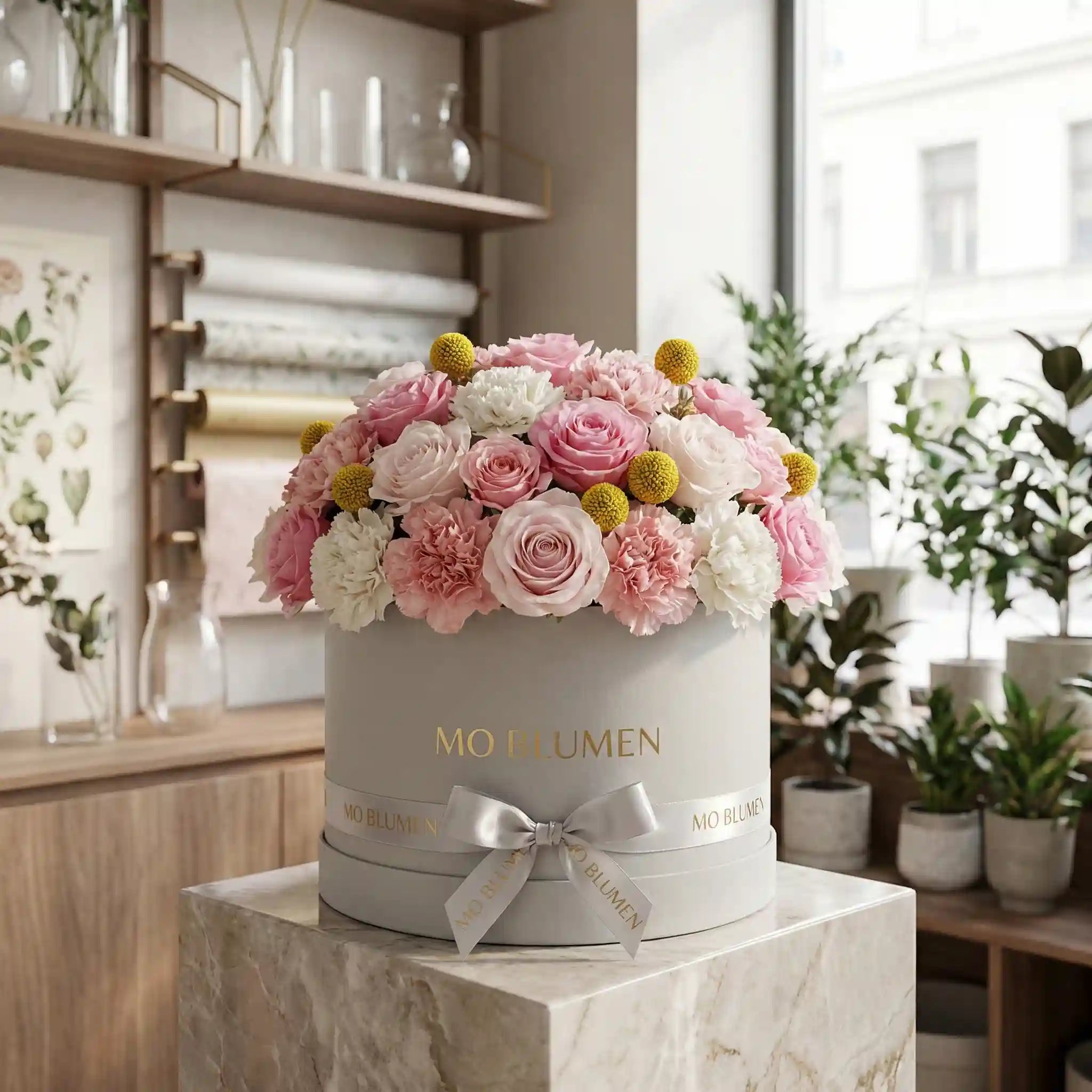 Zartrosa-Box mit rosa Rosen, Nelken und Craspedia in grauer Box – MO BLUMEN Wien