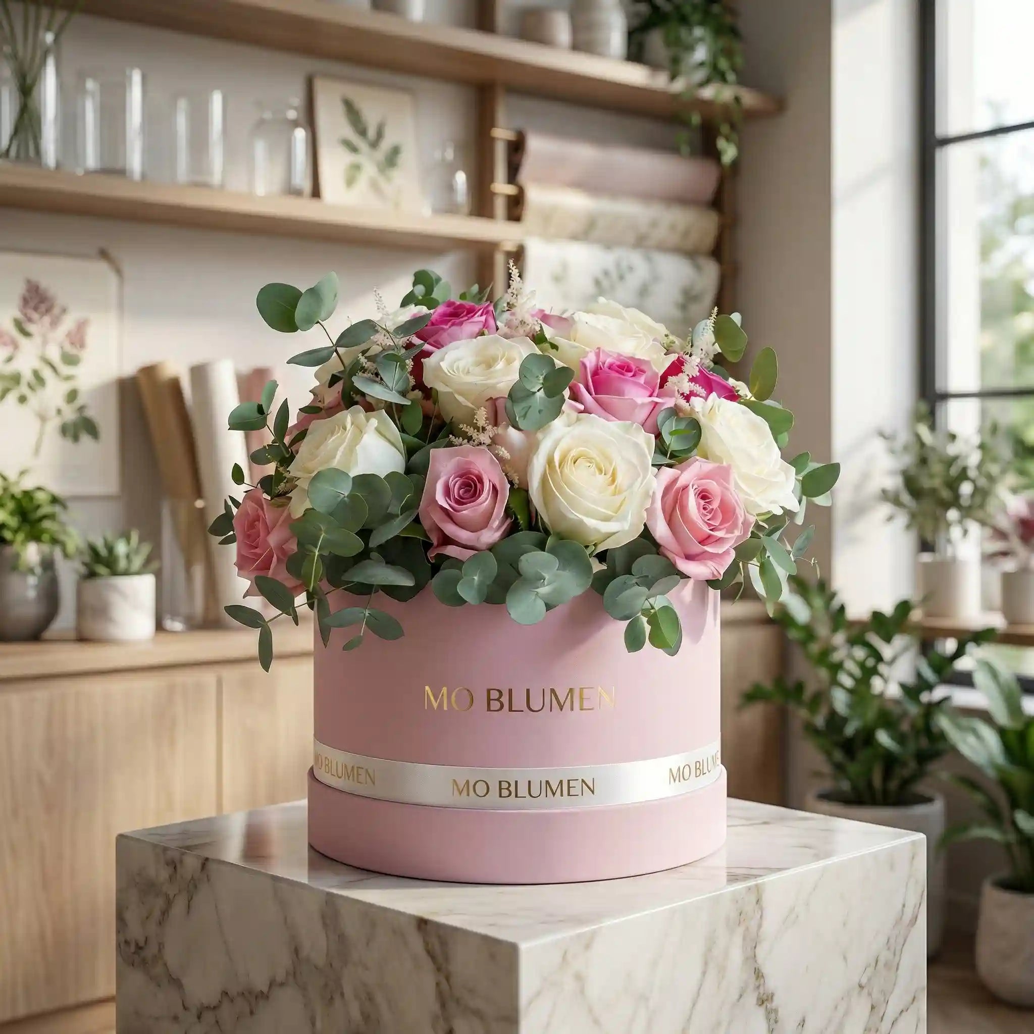 Rosentraum-Box mit rosa und weißen Rosen, Eukalyptus in rosa Box – MO BLUMEN Wien