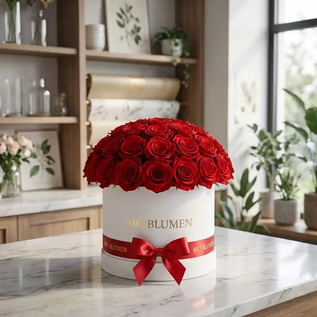 Rosenglut-Box mit roten Rosen in weißer Rundbox mit roter Schleife – MO BLUMEN Wien