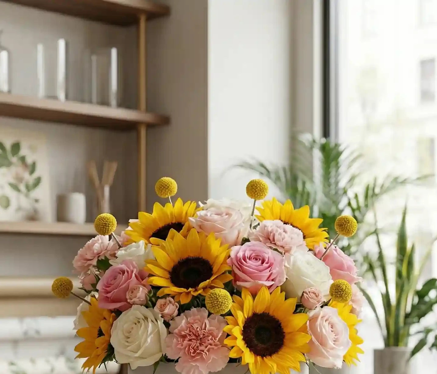 Sonnenschein-Box Nahaufnahme – Sonnenblumen und rosa Rosen MO BLUMEN Wien