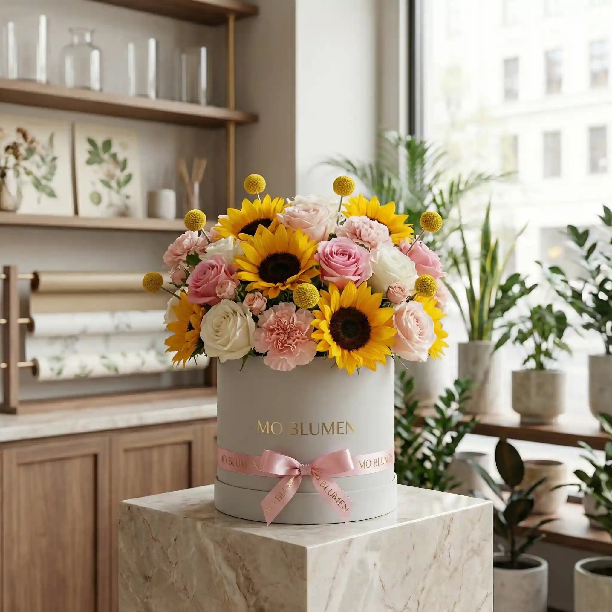 Sonnenschein-Box mit Sonnenblumen, rosa Rosen und Nelken in weißer Box – MO BLUMEN Wien