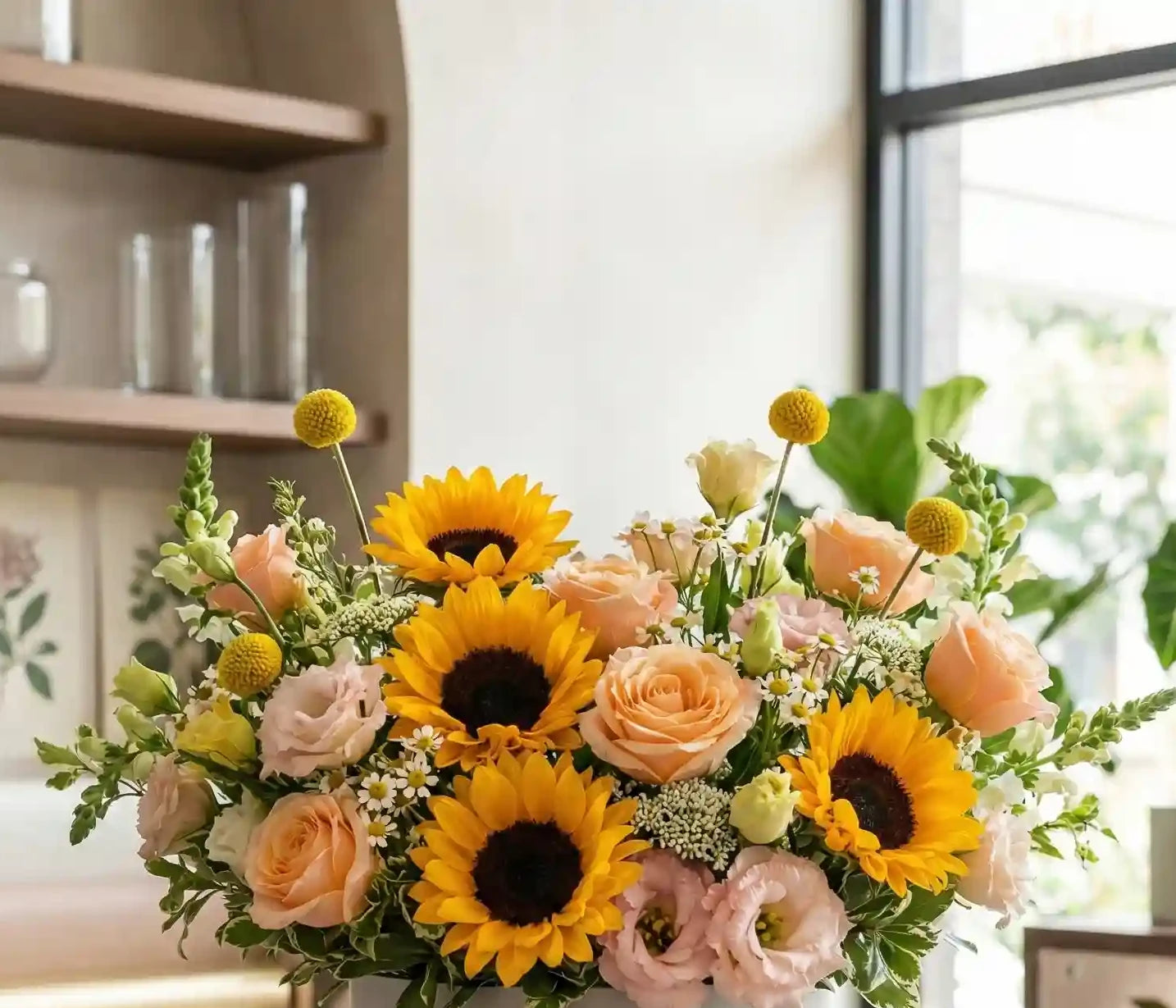 Sommergarten-Box Nahaufnahme – Sonnenblumen und Rosen MO BLUMEN Wien