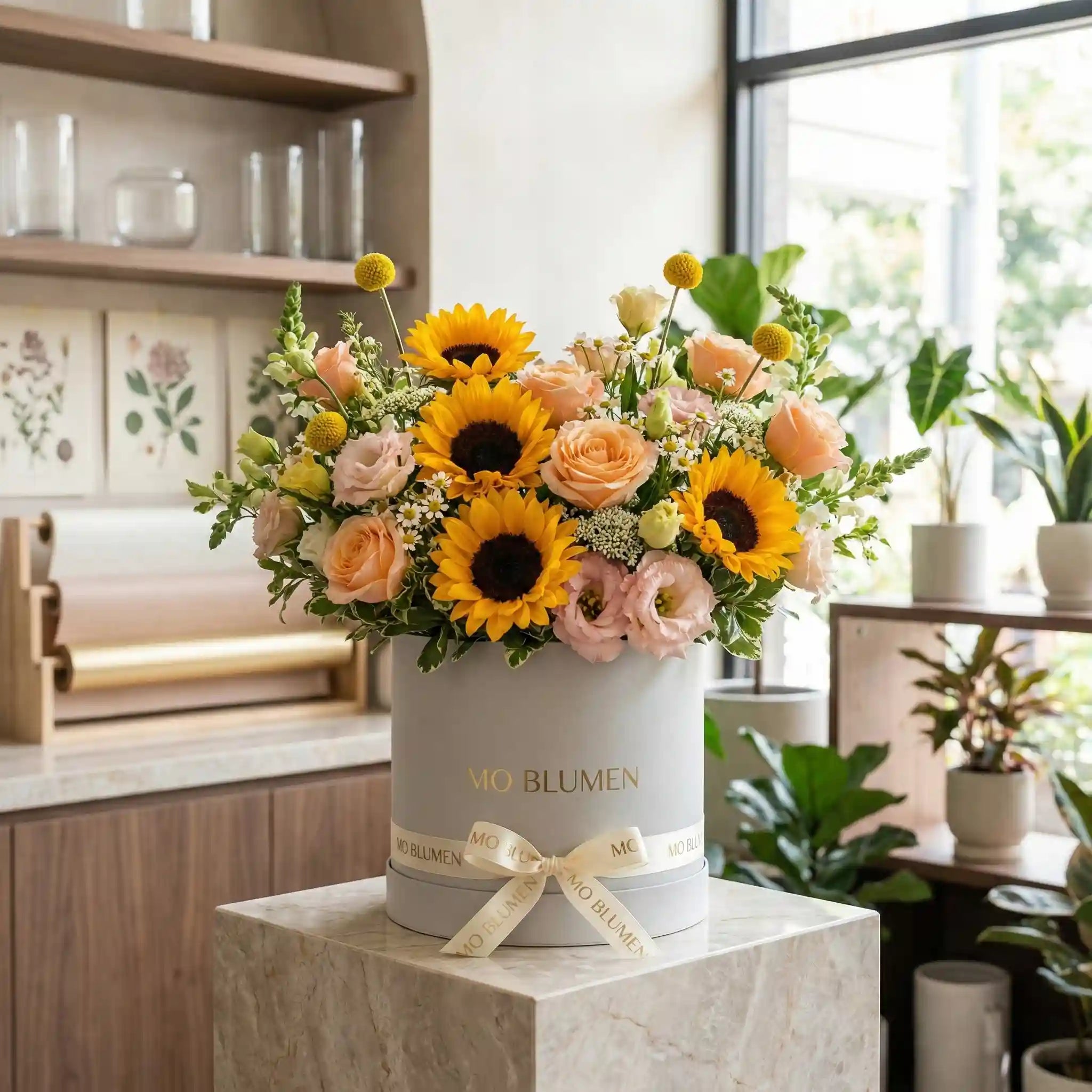 Sommergarten-Box mit Sonnenblumen, Rosen und Lisianthus in weißer Box – MO BLUMEN Wien