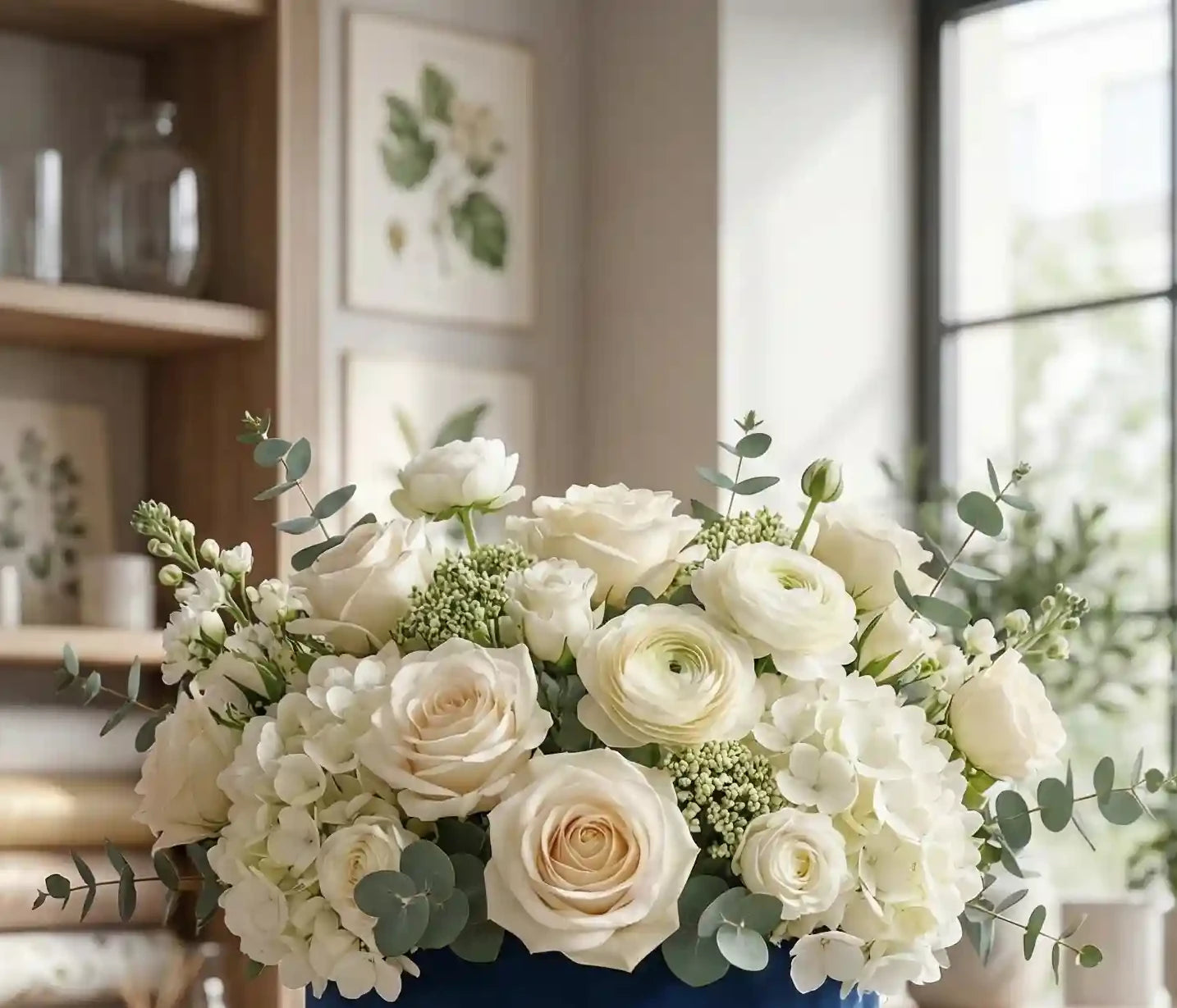 Saphir-Box Nahaufnahme – weiße Rosen und Hortensien MO BLUMEN Wien