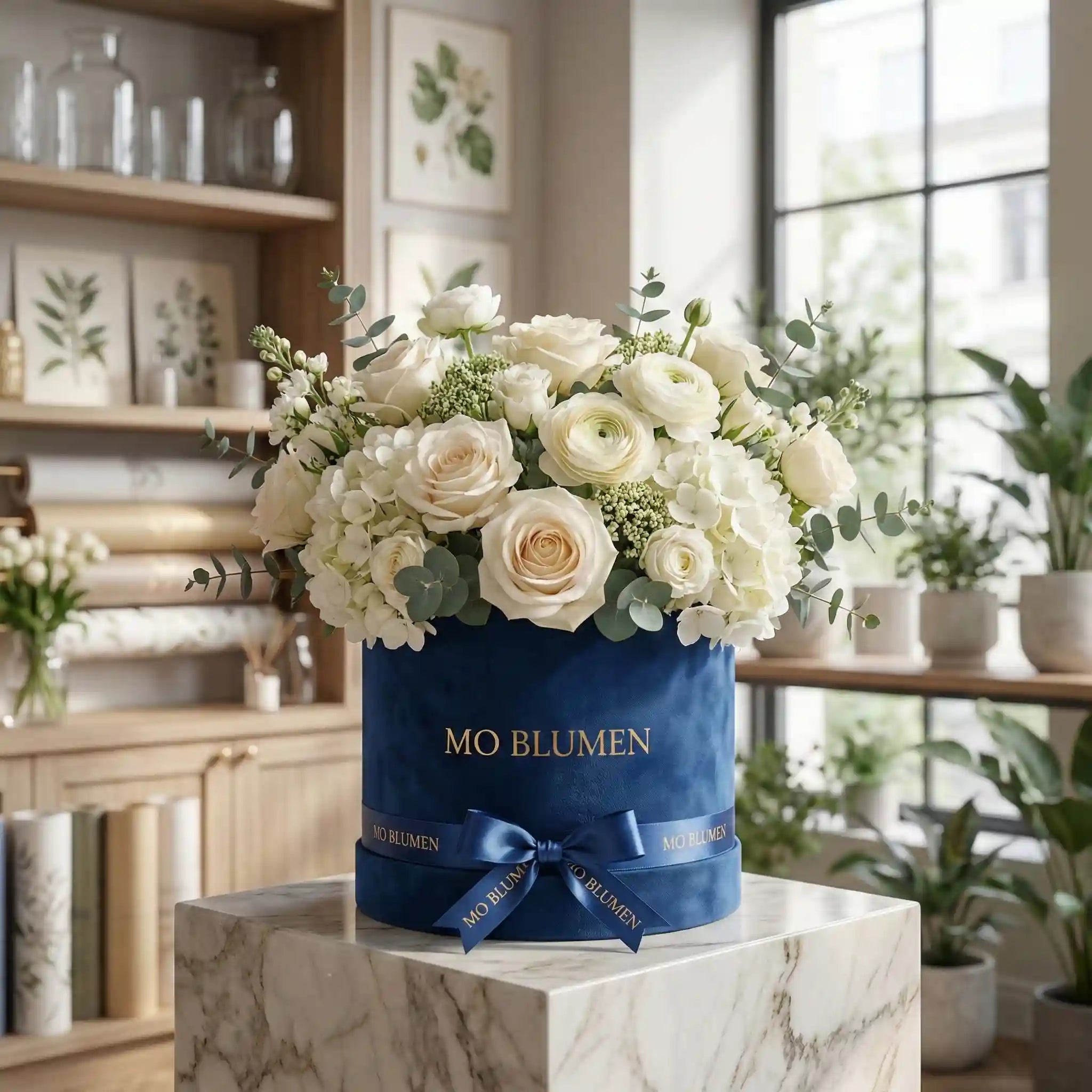 Saphir-Box mit weißen Rosen, Hortensien und Eukalyptus in blauer Samtbox – MO BLUMEN Wien