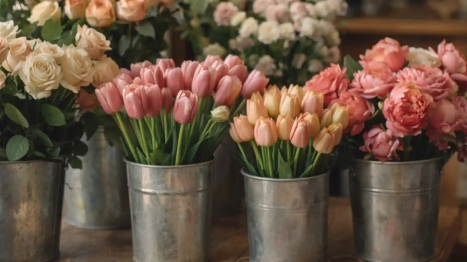 Bouquets of pink and white flowers in metal buckets on a wooden surface.
