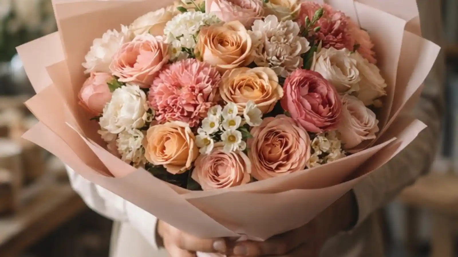 Bouquet of pink and white flowers held by a person with a blurred background