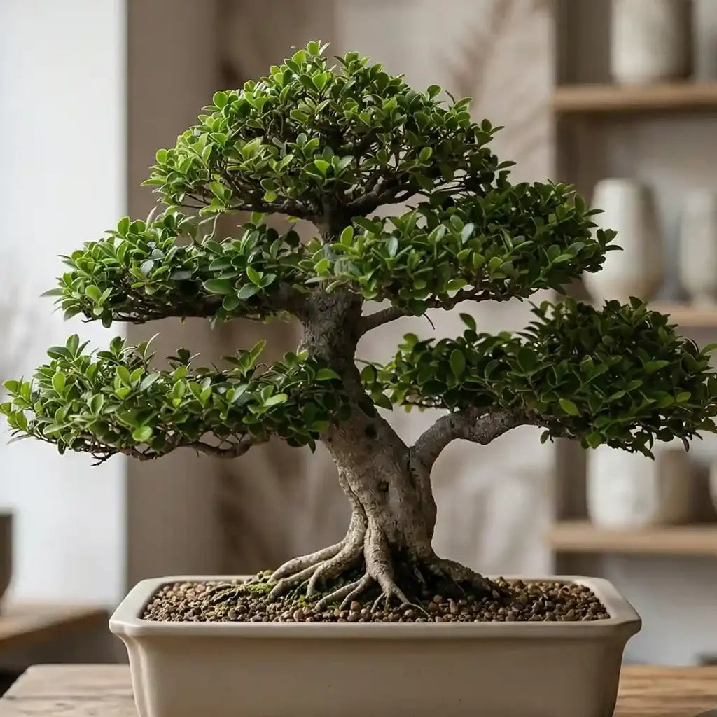 Grüner Ficus Microcarpa Bonsai von MO BLUMEN mit sichtbar verwurzelten Ästen in rechteckigem Topf.