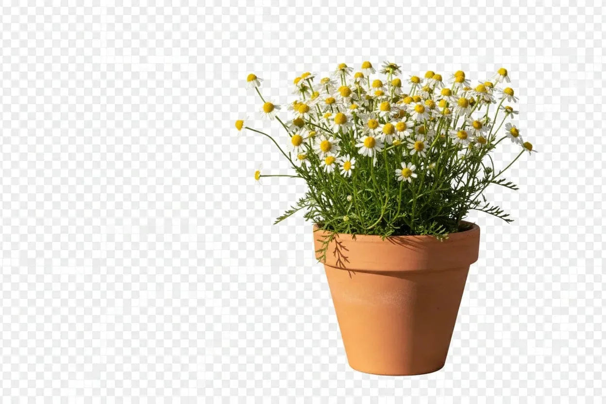 Kamille im Tontopf mit weißen und gelben Blüten