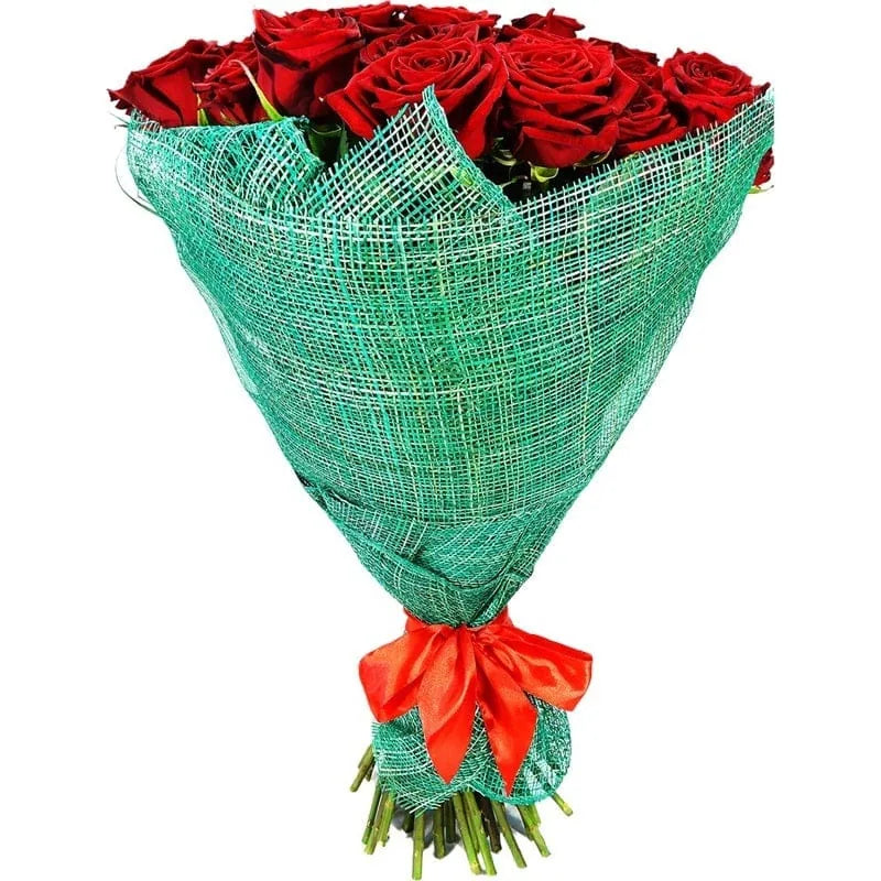 Blumenstrauß mit roten Rosen in türkisfarbener Verpackung