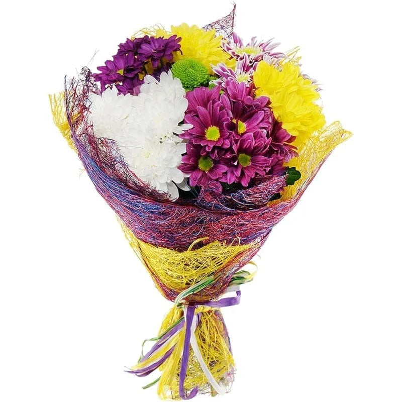 Farbenfroher Chrysanthemen-Blumenstrauß mit Schleife