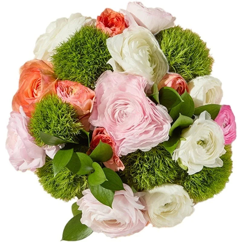 Bunter Blumenstrauß mit Ranunkeln und grünen Details.